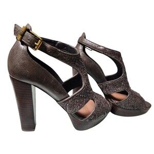 Elliott Lucca Bernadette Woven Leather Platform Heels Size 7 Peep Toe